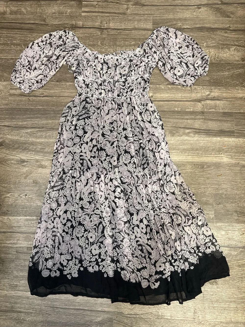 by Anthropologie Small Floral Smocked Puff Sleeve Midi Dress Boho Black - Picture 2 of 11